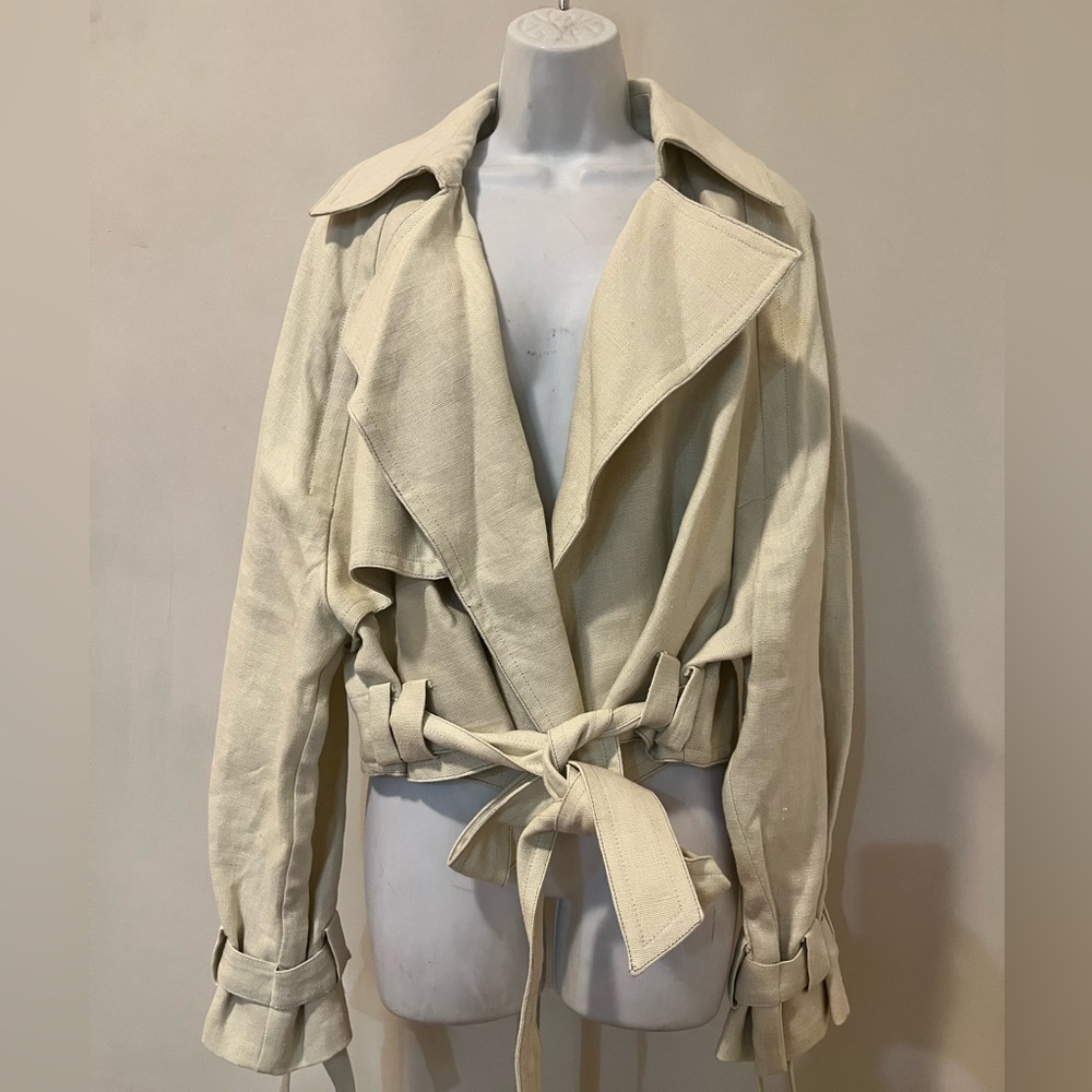 MANGO x VICTORIA BECKHAM 100% Linen Beige Tie-Waist Cropped Trench Jacket M - Picture 8 of 16
